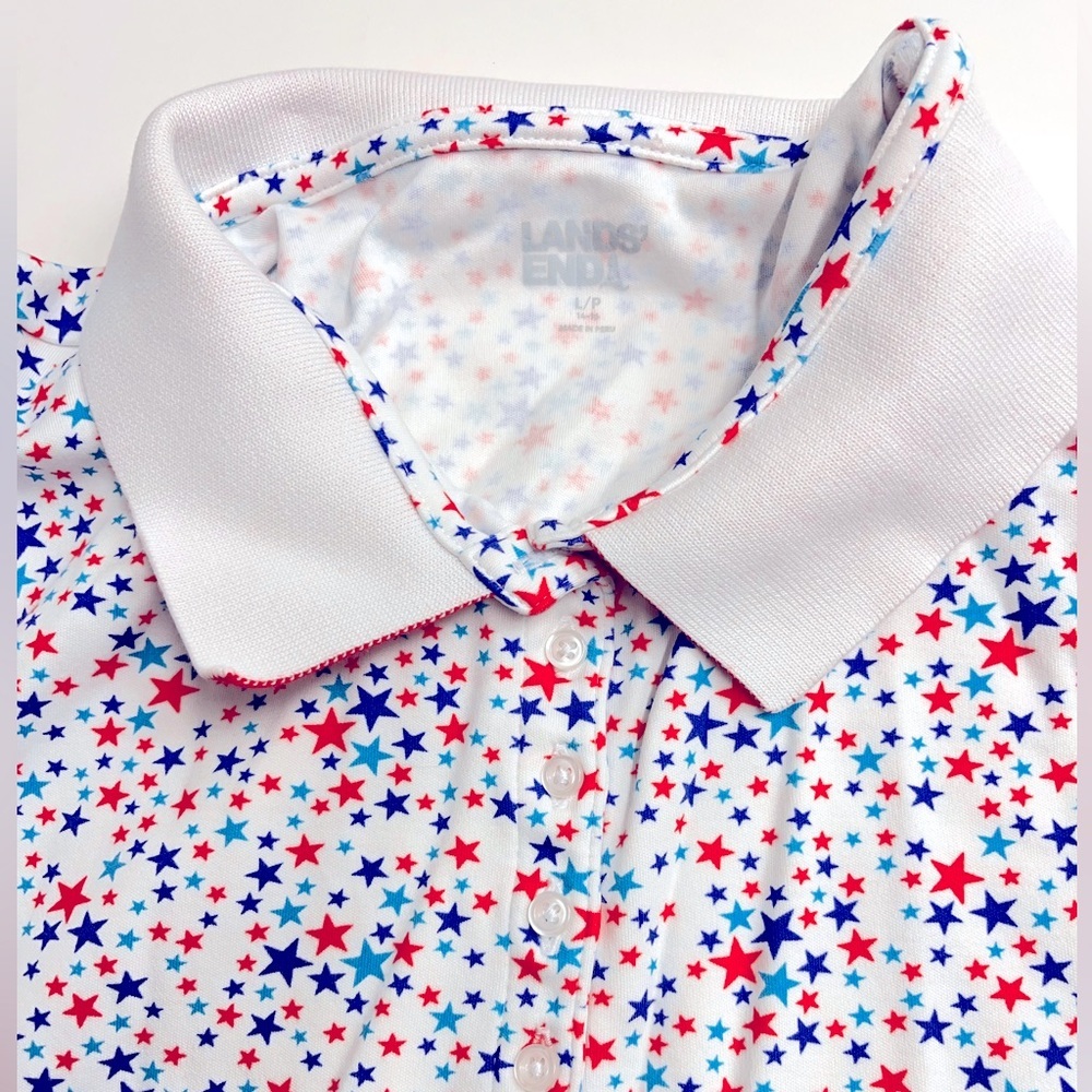 Lands end cotton‎ star collar shirt buttons bottom side slits red white blue top